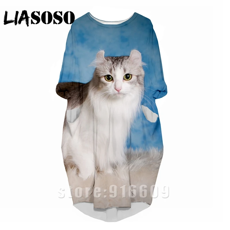 

LIASOSO 3D Print Fashion Funny Shirt Suit Rock Harajuku Animal Cat Women Anime Kitty Gown Lady Clothing Party Long-Sleeved Dress
