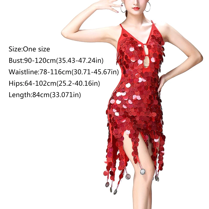 Юбка для латиноамериканских танцев без рукавов с круглыми блестками и бахромой |