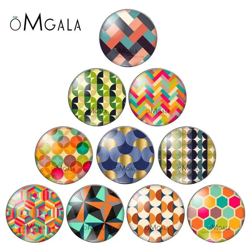 

Fashion Colorful Geometry Patterns 10mm/12mm/14mm/16mm/18mm/20mm/25mm Round photo glass cabochon demo flat back Making findings