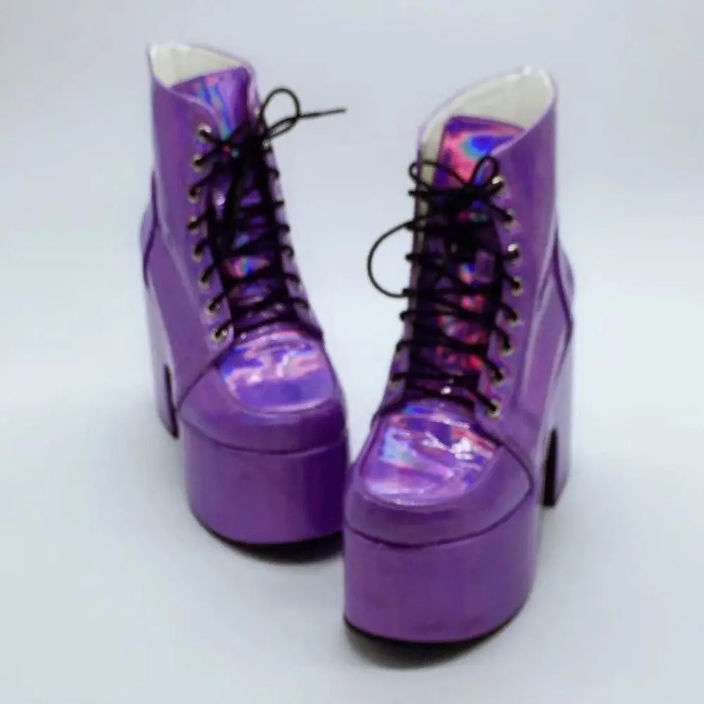 Жемчужные фиолетовые высокие платформы сапоги панк до лодыжек со шнуровкой