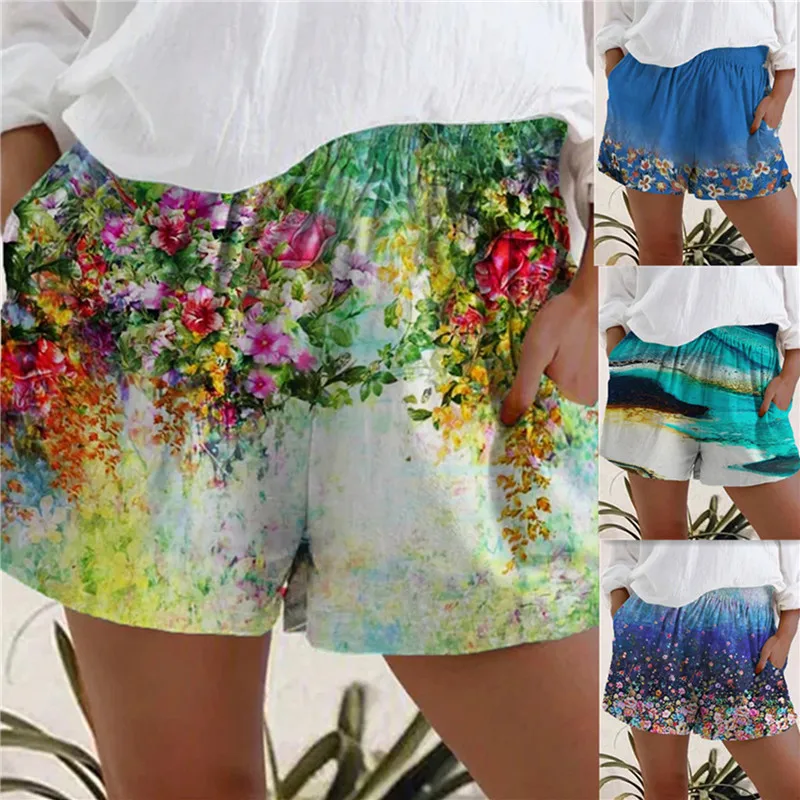 

Summer New Fashion Women's Casual Floral Print Shorts Comfortable Elastic Loose Thin Elastic Waist Pocket Beach Short 4 Color