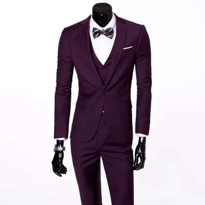 Purple 1 button Пиджак+ жилет+ брюки) весенние Мужские приталенные деловые костюмы из трех предметов мужские вечерние костюмы жениха/мужские свадебные блейзеры - Цвет: Purple 1 button