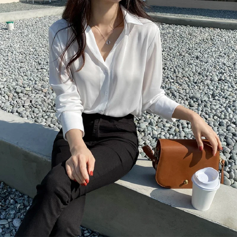 

New Women's Shirt Classic Chiffon Blouse Female Plus Size Loose Long Sleeve Shirts Lady Simple Style Tops Clothes