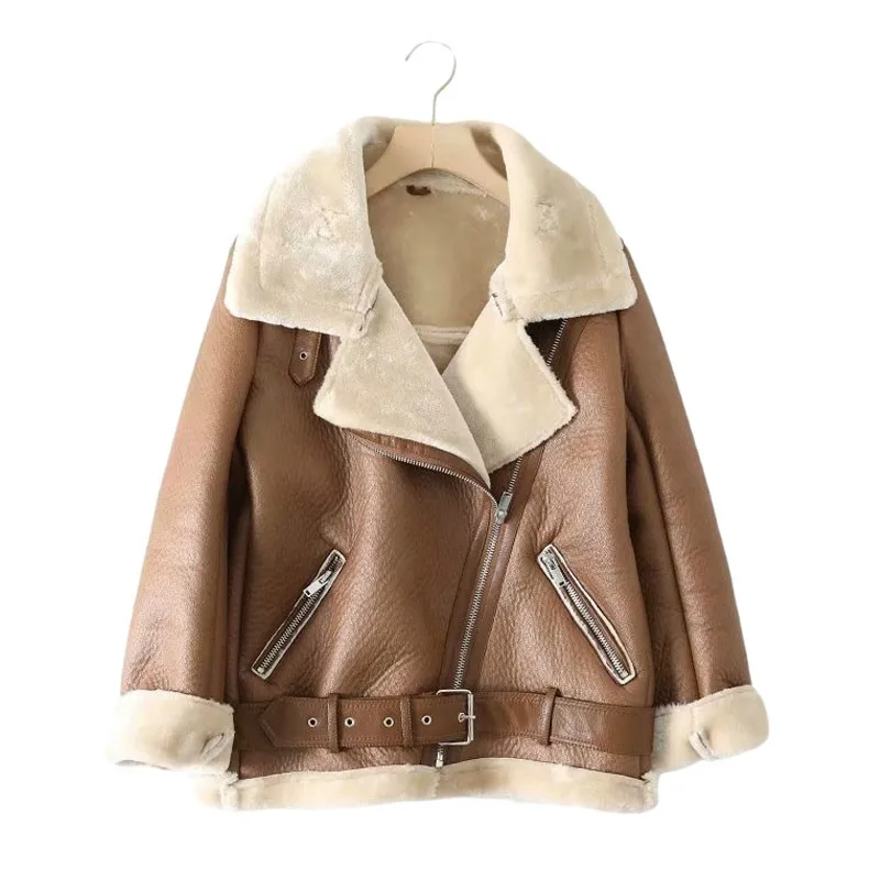 Faux Leather Lapel With Belt Thick Warm Women's Jacket Winter Coat Vintage Fur Beige Zipper Tops Female Outerwear