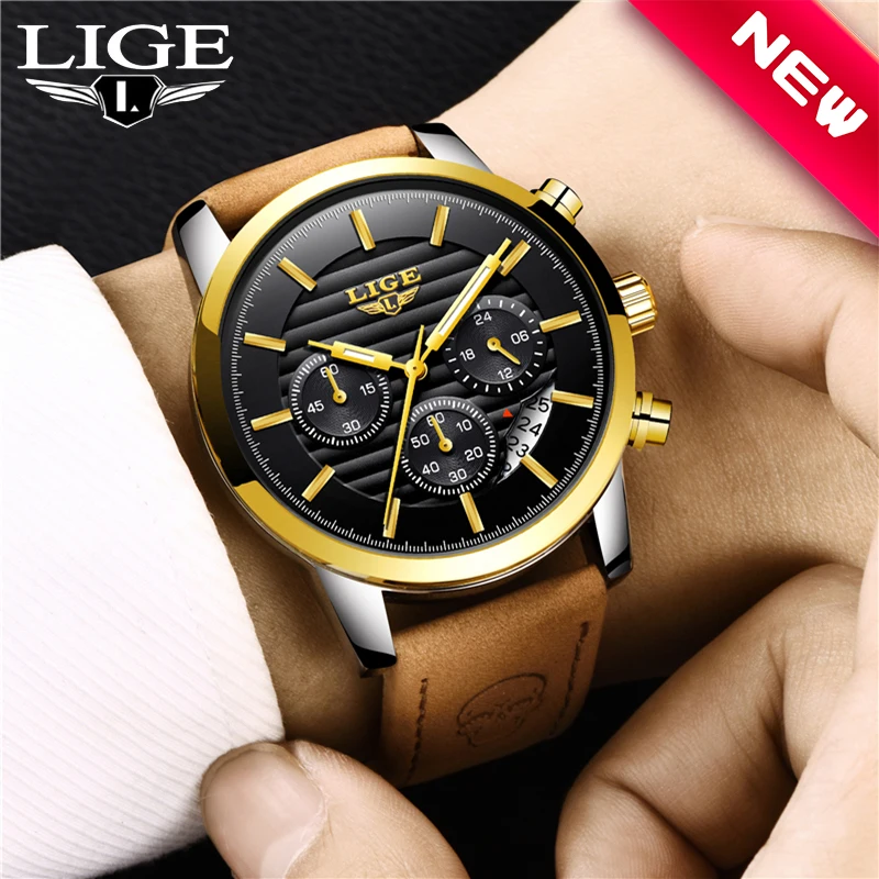 LIGE новинка кожаный коричневый ремешок Кварцевые Спортивные Хронограф полный