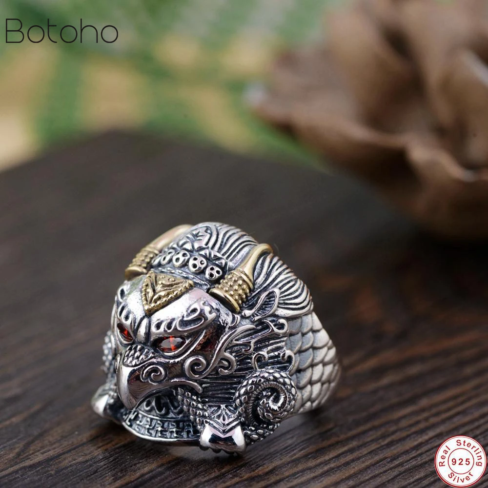 

Buddha Garuda Real 925 Sterling Silver Rings Myth Bird Cubic Zirconia Eye Golden Ring For Men women Biker Thai silver Jewelry