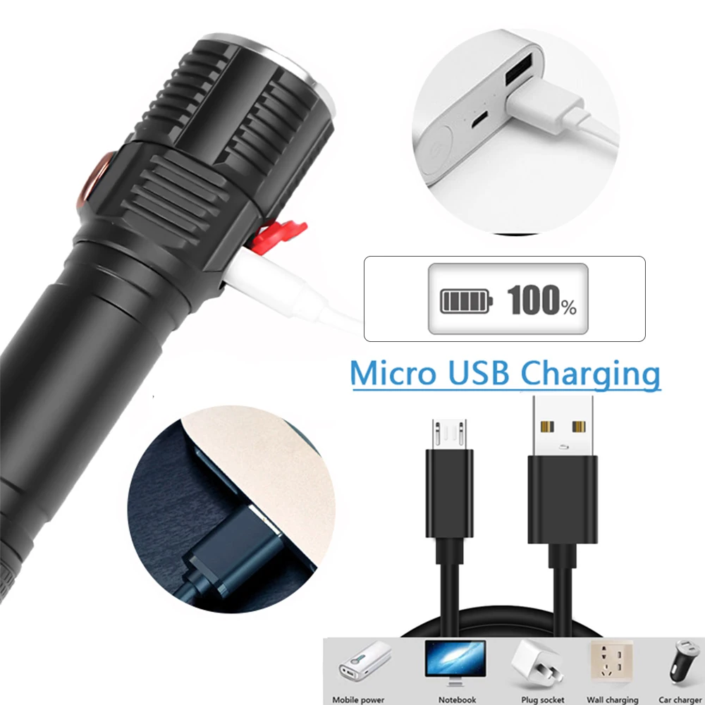 Самый мощный фонарик с подзарядкой от USB супер яркий фонарь светодиодный зумом