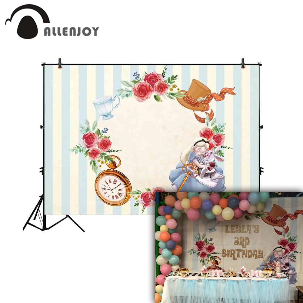 

Allenjoy Birthday Photophone Banner Tea Party Princess Flowers Clock Baby Shower Backdrop Fairy Tale Wall Decor Background