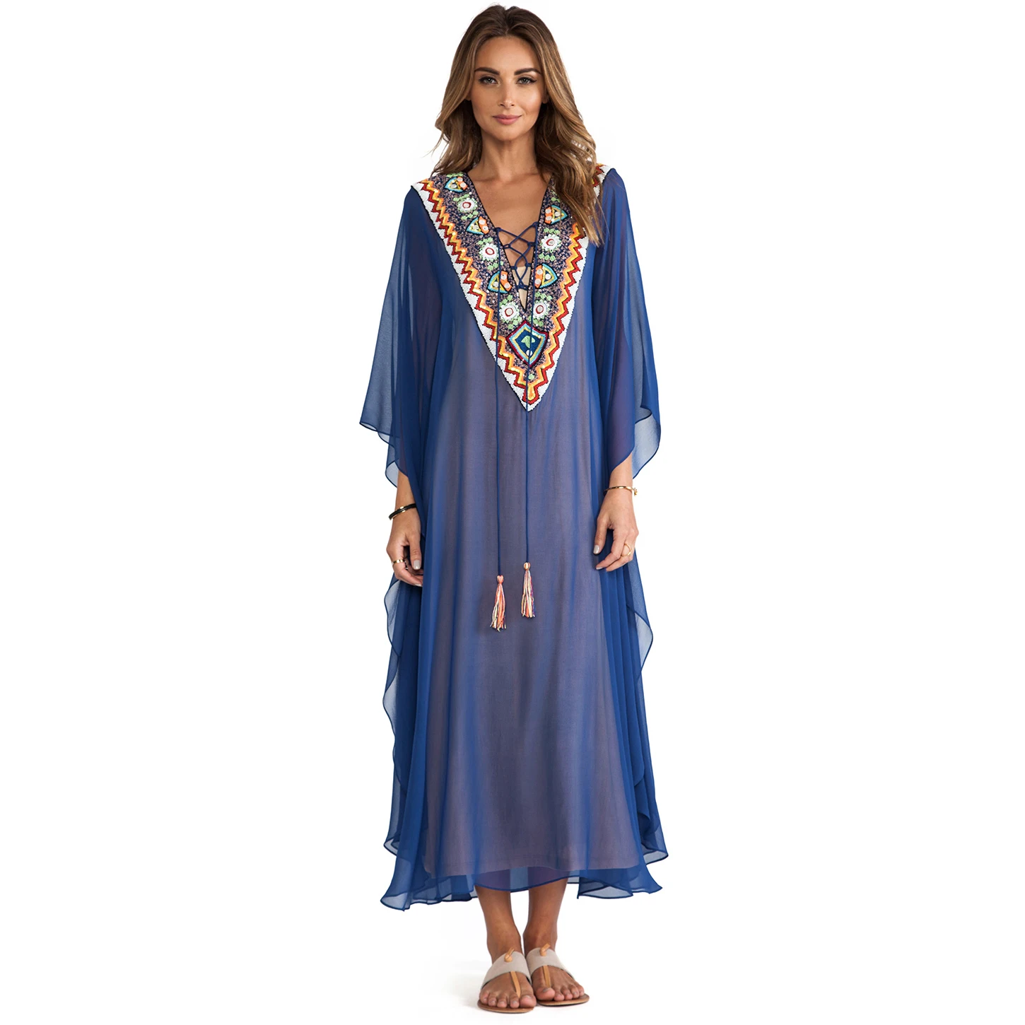 2021 размера плюс с вышивкой летняя пляжная одежда Шиф кафтан Женская туника