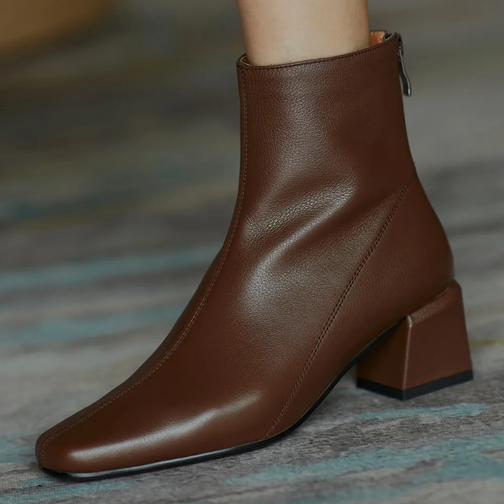 

Plus size 34-40 women's genuine leather thick heel autumn ankle boots square toe back zip med heel comfortable short boots shoes