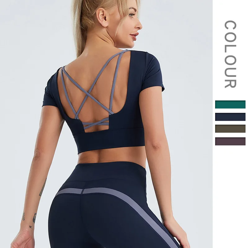 

America Cross Border New Yoga Wear Naked Women Sense Beauty Back Fitness Top Running Quick-drying Navel-exposed Sports T-shirt