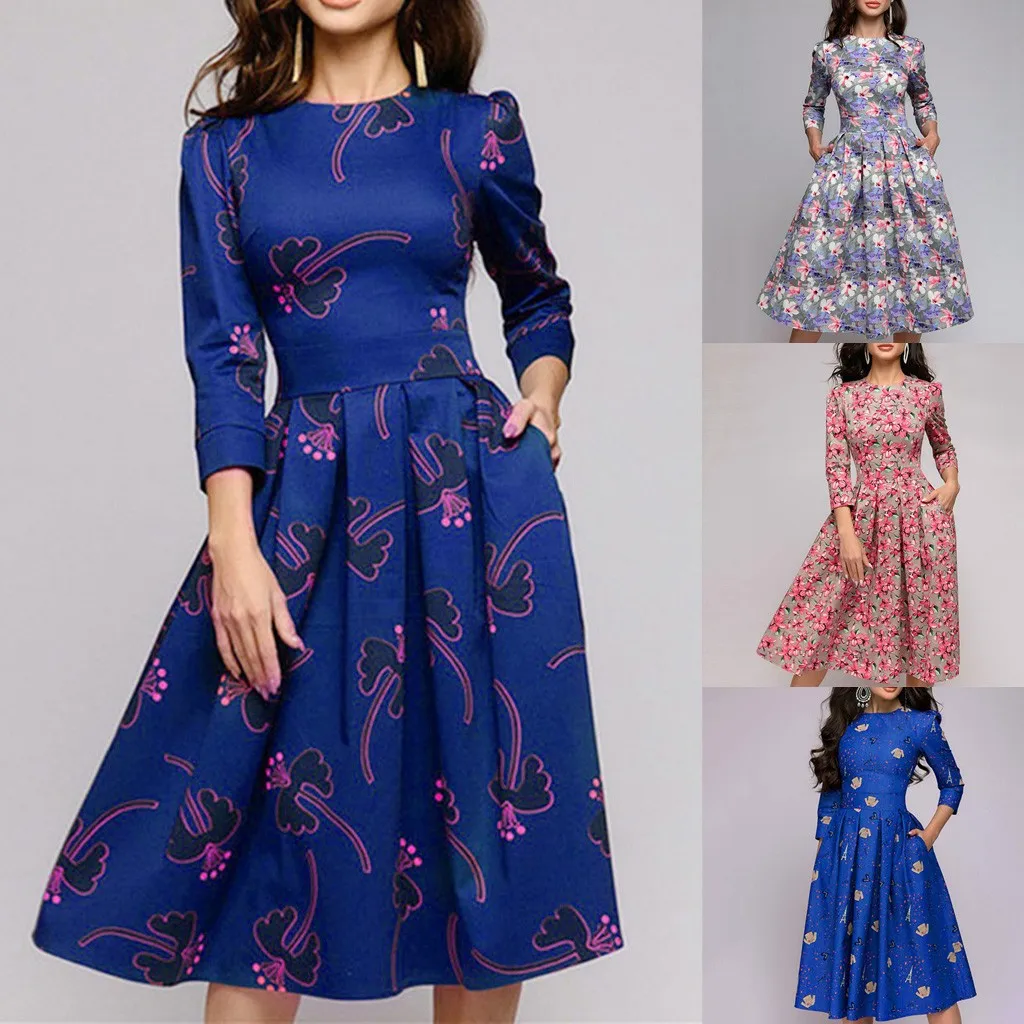 Женское вечернее платье элегантное модное с цветочным принтом круглым вырезом и