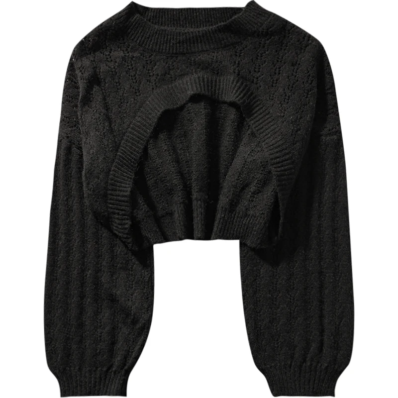 

Super Short Knitted Women Sweater Pullovers O-Neck Lantern Sleeved Solid Female Pulls Outwear Tops