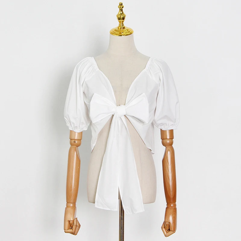 

TWOTWINSTYLE White Elegant Shirt For Women V Neck Short Sleeve Lace Up Bow Chic Blouse Female Fashion New Clothing 2021 Summer