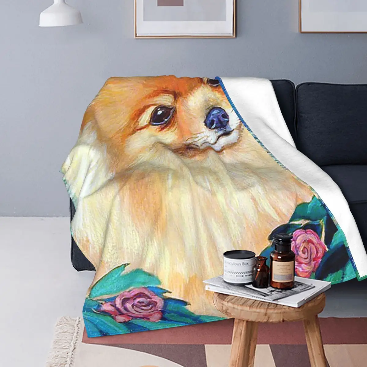 

Pomeranian Paintings Blanket Fleece Spring/Autumn Dog Cute Animal Breathable Lightweight Throw Blankets for Sofa Car Rug Piece