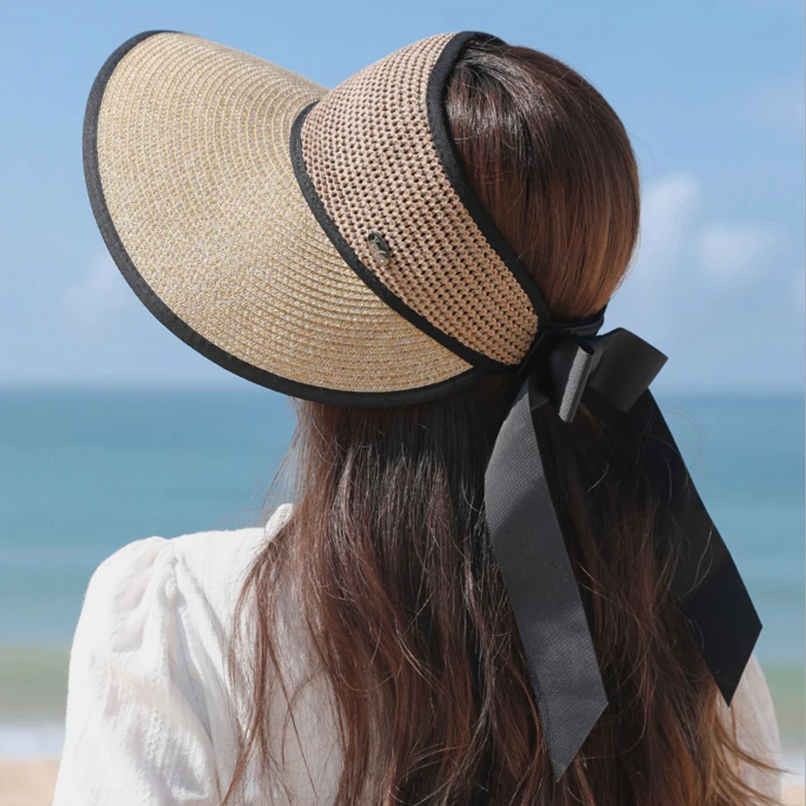 

шапка Magic Tape Panama Women's Straw Hat Empty Top Children's Sun Hat Summer Hat Sun Protection Outdoor Sports Fishing Beach