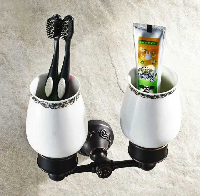 

Аксессуары для ванной комнаты черный цвет Масло Втирают Латунь ванна Настенный Держатель Для Ванной Зубной Щетки Набор Двойные керамическ...