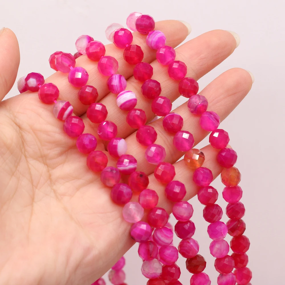 

Natural Semi-Precious Rose Red Striped Agate Round Faceted Beaded Ladies Chain Beads Making DIY Necklace Bracelet Jewelry Gifts