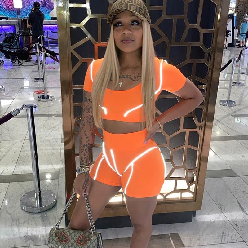 

Striped Casual Tracksuit Women Summer Fluorescent Bandage Crop Top + Biker Shorts Set Bodycon 2 Piece Outfits for Women Fitness