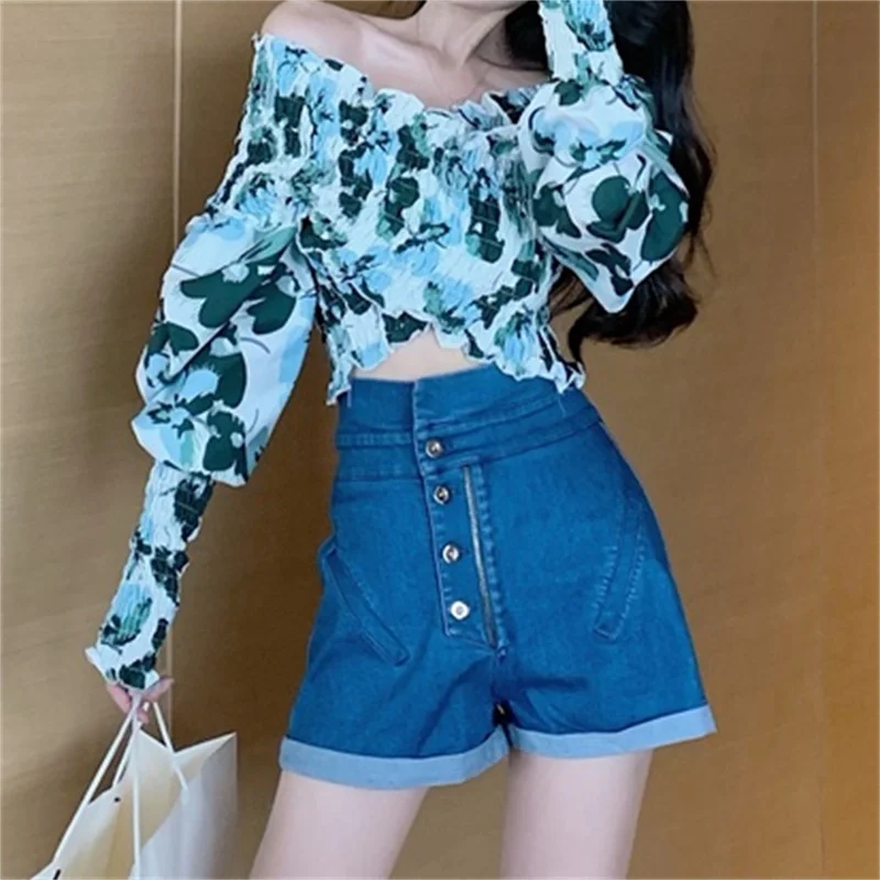 

TRAF женские 2021 модные Цветочный принт эластичный жатый укороченные блузы в винтажном стиле, с длинным рукавом Женские рубашки в уличном стил...