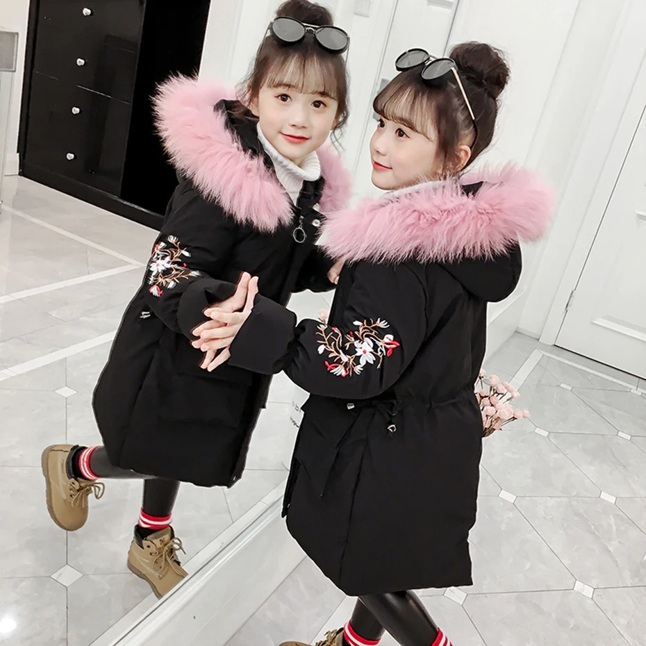 Пальто для девочек пальто с цветочной вышивкой верхняя одежда капюшоном и