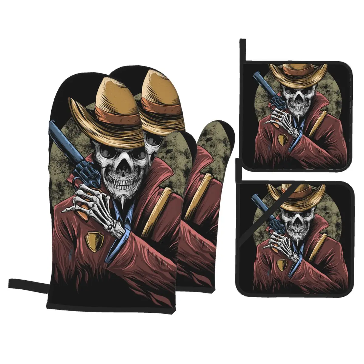 

4 Pieces Polyester Kitchen Cooking Microwave Gloves Cow Boy Skull With Gun Baking BBQ Potholders Oven Mitts