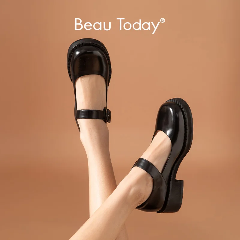 

BeauToday Lolita Shoes Women Mary Janes Cow Leather Round Toe Flats Buckle Strap Ladies Uniform Shoes Handmade FS28407