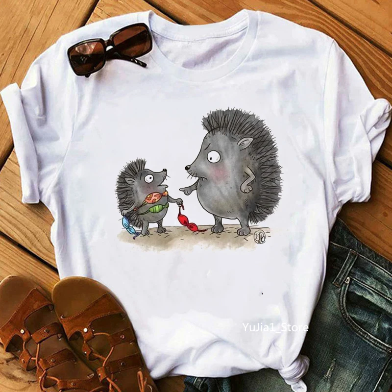 Забавные футболки с принтом Ежика для мамы и ребенка Женская Футболка harajuku kawaii
