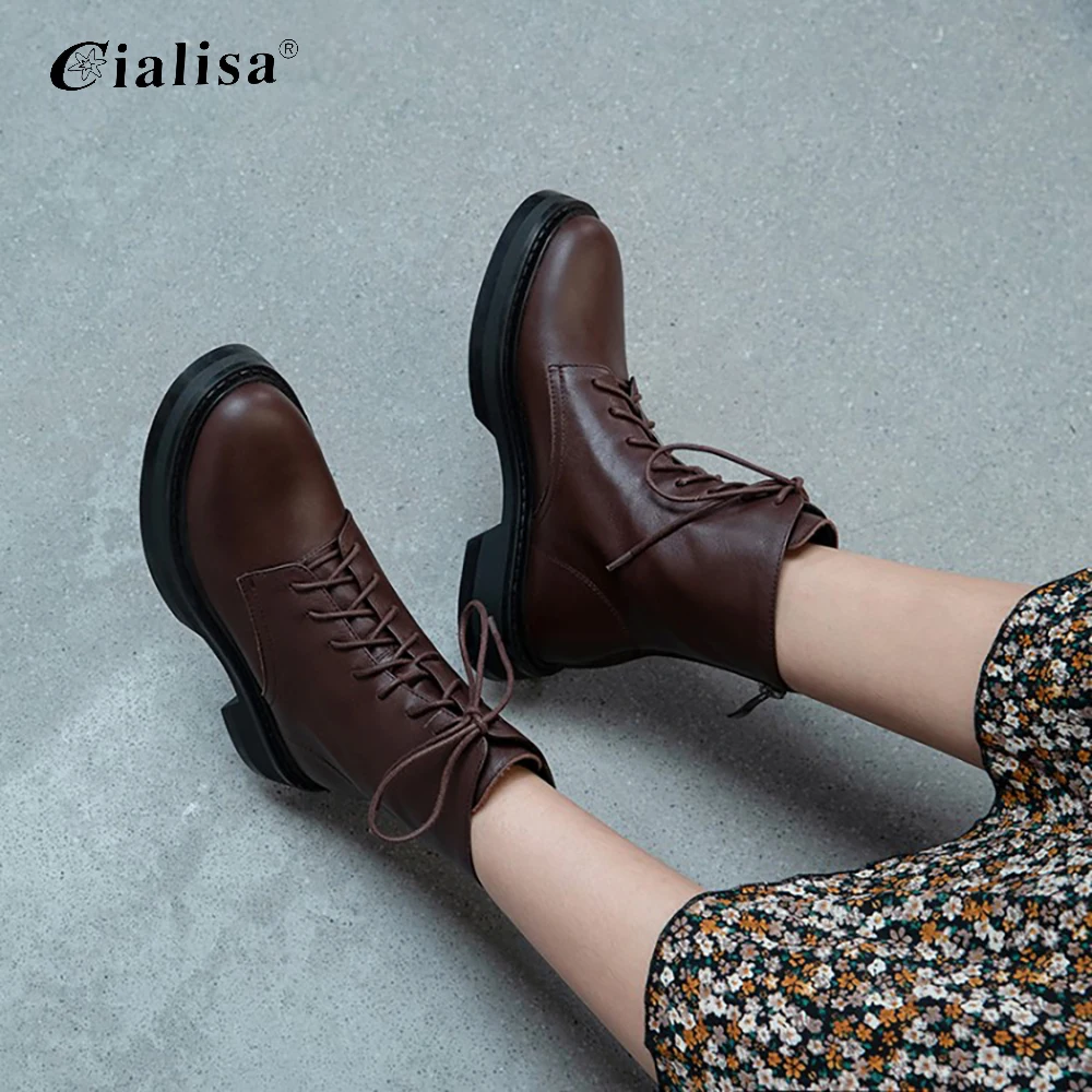 

CIALISA Women Black Boots Motorcycle Fashion Chunky Heel Shoes Round Toe Lace Up Genuine Leather Autumn Winter Wedge Ankle Boot