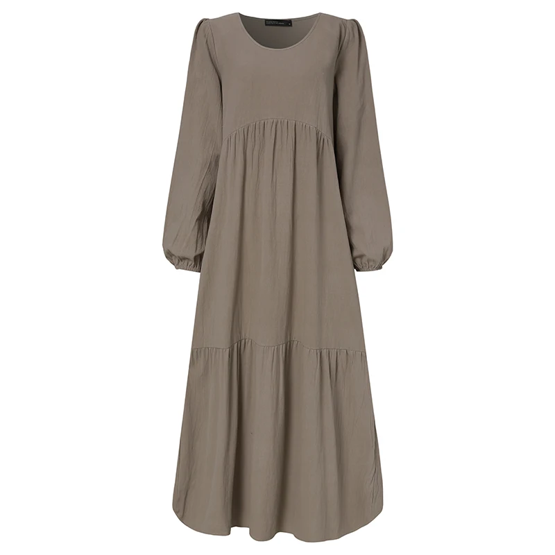 

Casual O neck Long Sleeve Solid Long Dress Fashion Women Autumn Sundress ZANZEA Vintage Loose Cotton Linen Vestidos Kaftan Robe