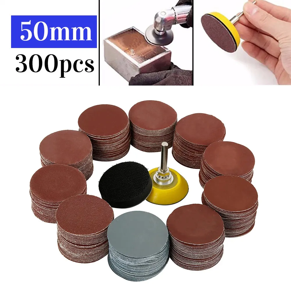300pcs 80/180/240/320/800/3000 Grits Sanding Disc Set 2inch 50mm+ Loop Sanding Pad  with 6mm Shank For Polishing Cleaning Tools
