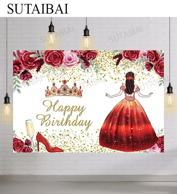 

Princess Happy Birthday Photography Backdrops Red Watercolor Flower Crown High Heels Girl Customized Portrait Backgrounds Props