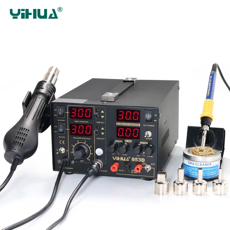 YIHUA 853D 5A паяльная станция для горячего воздуха DC источник питания 3 в 1 функции