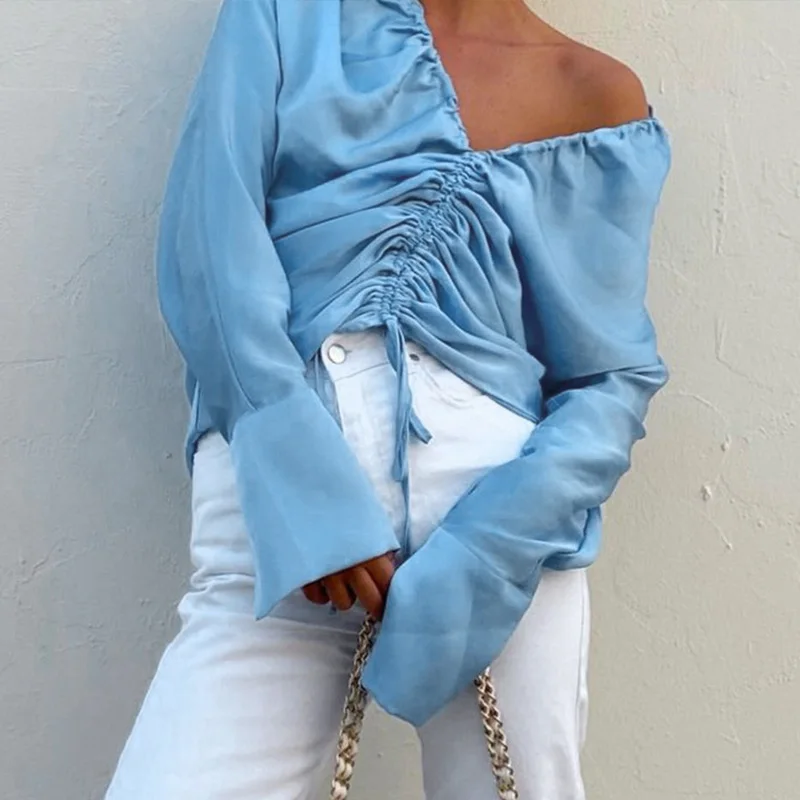 

Блузка Женская атласная с длинным рукавом и V-образным вырезом