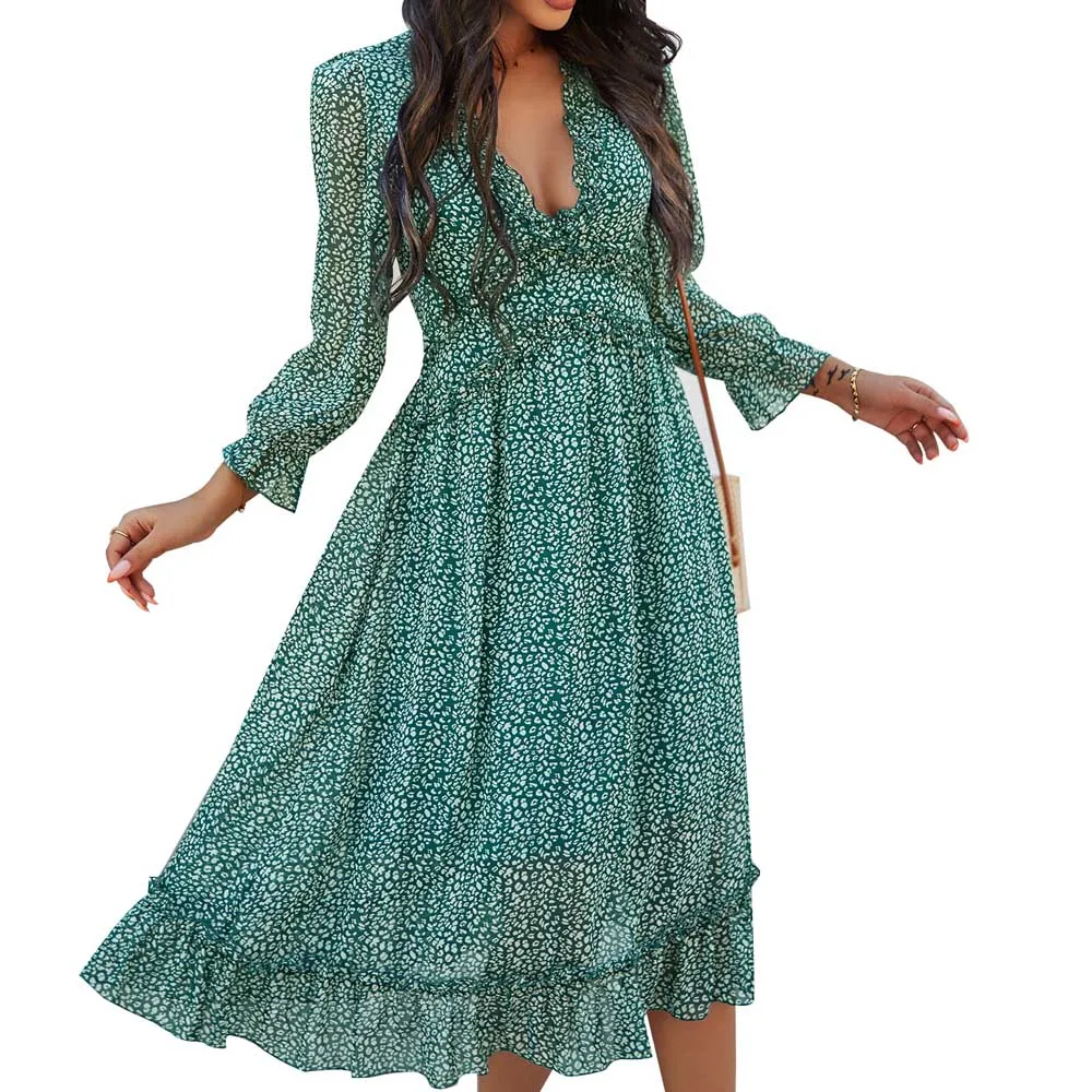 

Floral Print Folds V Neck Chiffon Women Dress Girl Spring Autumn Sweet 3/4 Sleeve Dresses