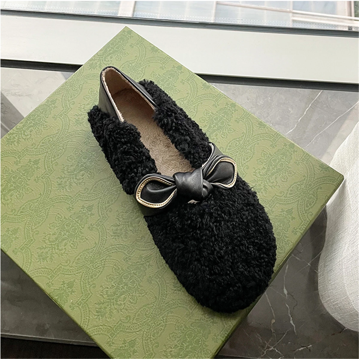 

kmeioo casual fur shallow shoes woman leisure bowtie flats round toe falt shoes for women soild wool shoes female loafers
