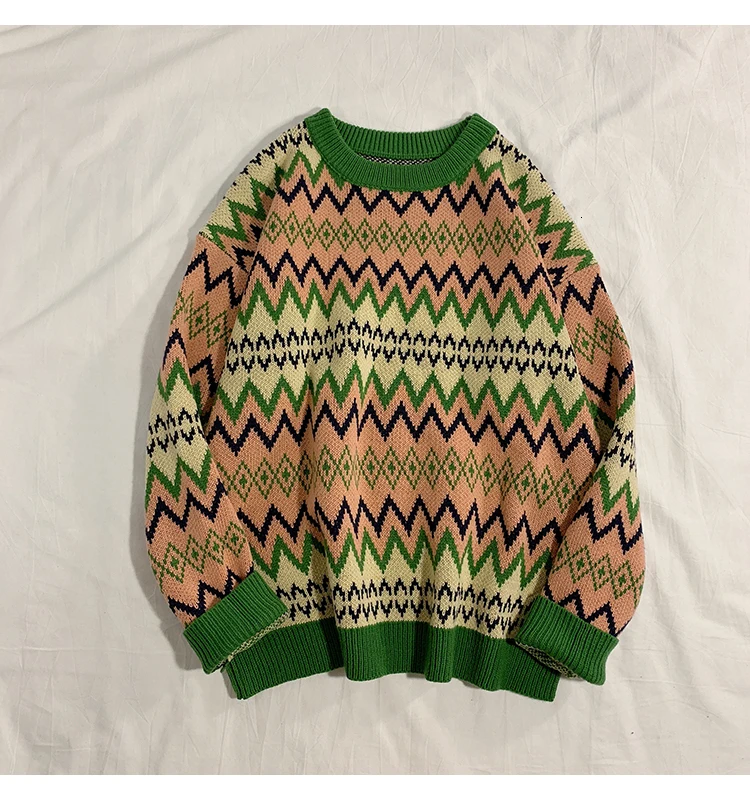 Sweater Men's Warm Fashion Contrast Color Casual Retro O-neck Knit Pullover Men Loose Knitting Sweaters Male Sweter Clothes