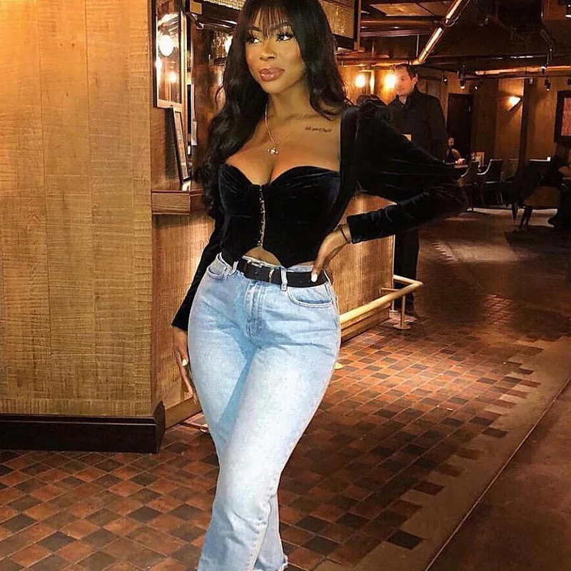 

Zoulv 2021 Sexy Mature Gold Velvet Shirt U-neck Bubble Long-sleeved Tight-fitting Umbilical Elegant Designer Aesthetic Lady Tops