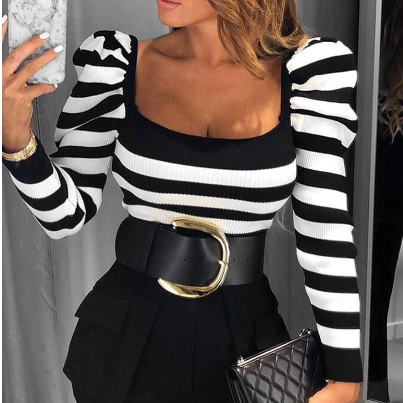 Женский топ с квадратным вырезом черно белый полосатый для фитнеса и вечеринок