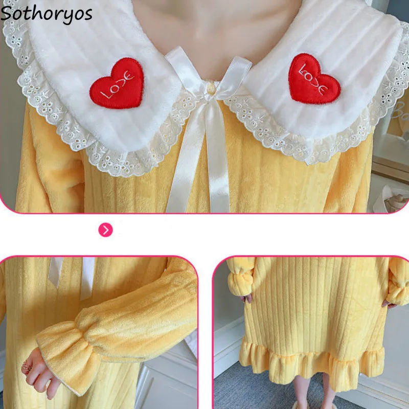 

Women Nightgowns Print Turn-down Collar Fashion Thickening Ruffles Baggy Coral Fleece Casual Sweet Ulzzang Womens Sleepwear Chic