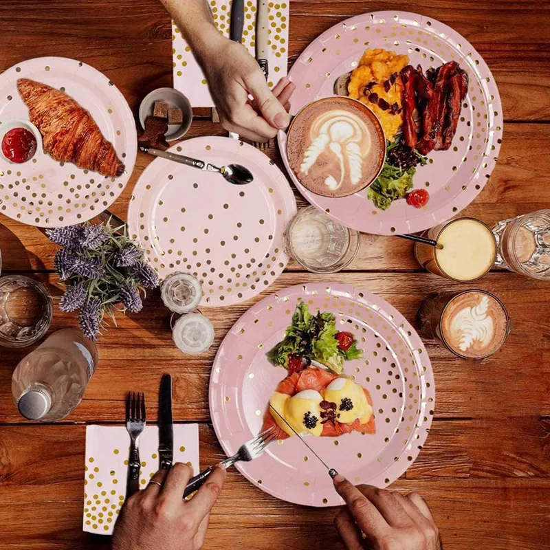 96 Pcs Pink Gold Dot Party Tableware Paper Plates and Napkins Cups for Wedding Bridal Shower Engagement Birthday | Дом и сад