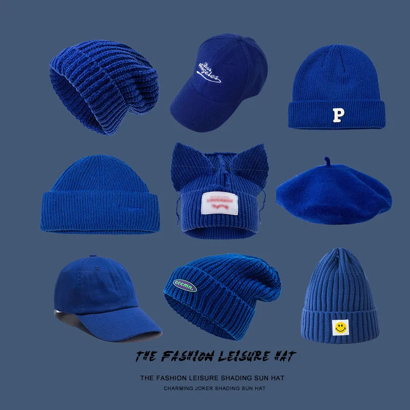 

Blue Wool Skullies Hats Version Ins Wind Sapphire Peaked Beanies Hat Men's Soft Baseball Caps Women's Keep Warm Knitted Spring