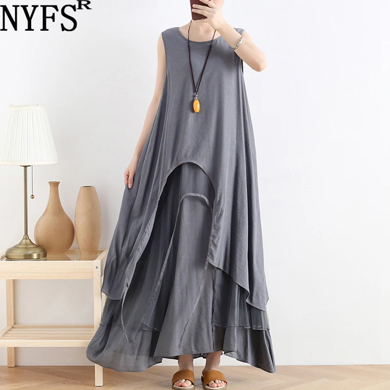 

NYFS 2020 New Summer dress Vintage Cotton Linen long dress Vestidos robe ete femme Elbise Sleeveless Vest women's dress