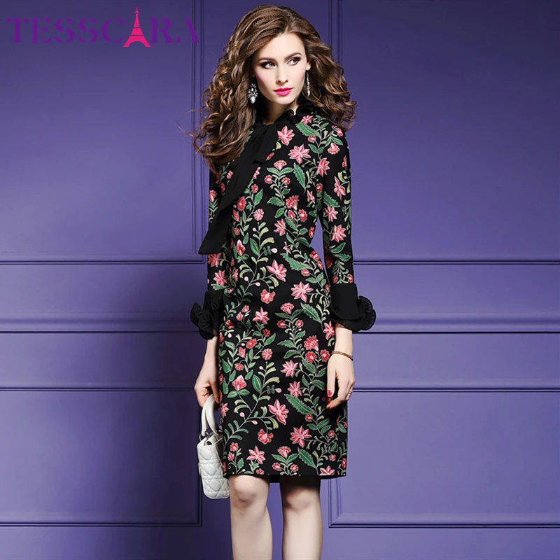 Женское осеннее элегантное платье TESSCARA с цветочным принтом женские винтажные