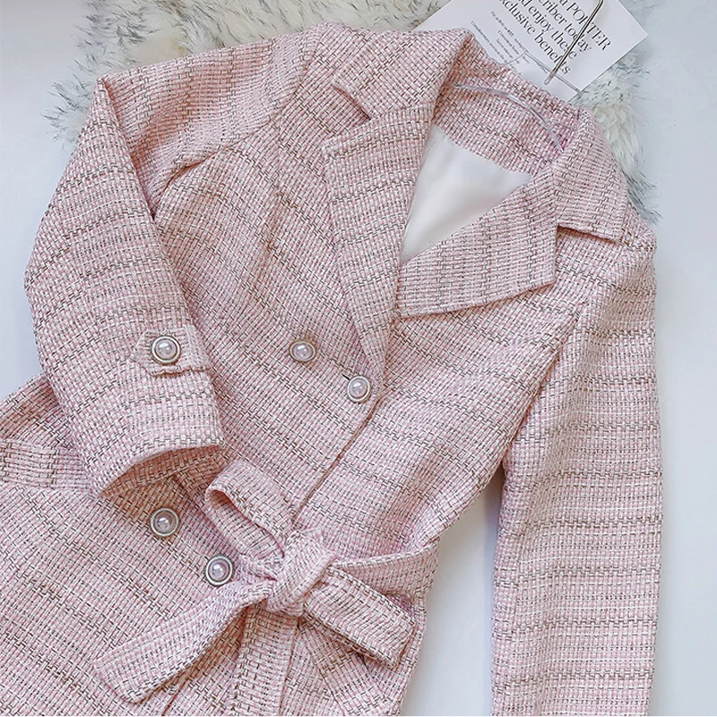 Женская твидовая куртка розовая Осенняя новая на бретельках длинное пальто