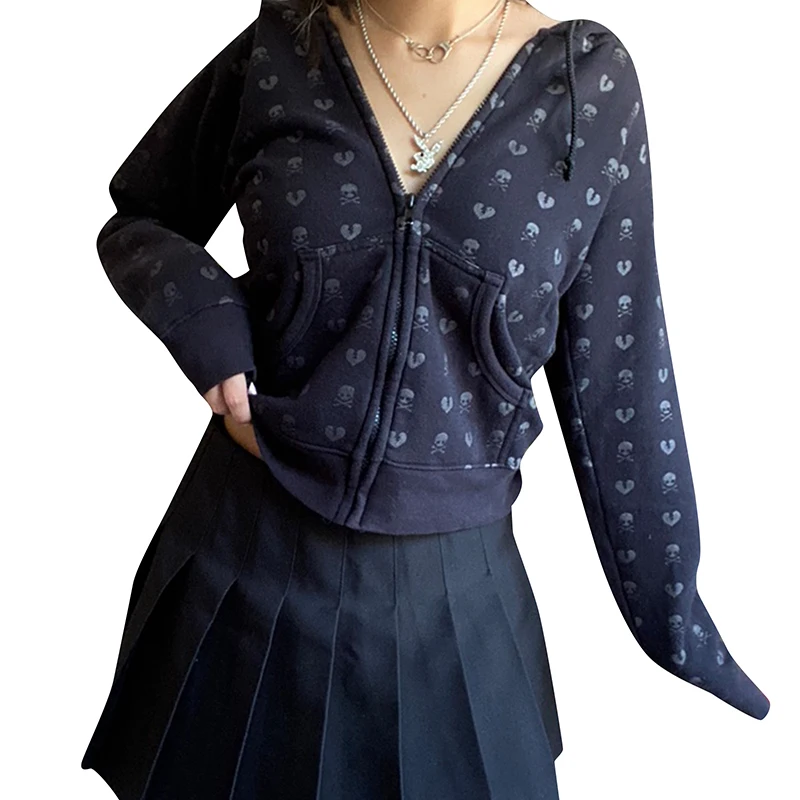 

Women Loose Style Hooded Jacket, Black Skull and Heart Printed Pattern Zipper Closure Coat with Pockets