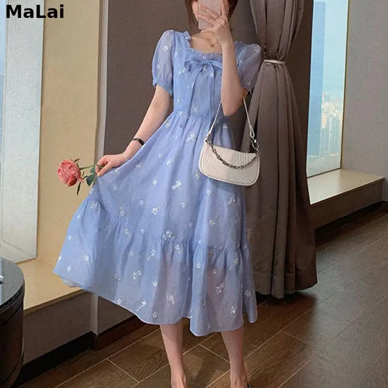

2021 Summer Bow Elegant Midi Dress Women Casual Short Sleeve Sqaure Collar Fairy Floral Midi Dress Korean Female One Piece Dress