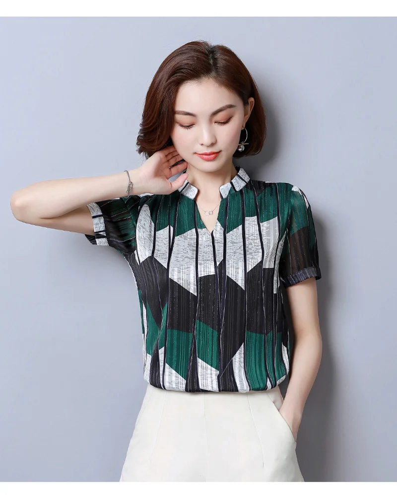 

Fashion chiffon blouse women's 2019 short sleeve print office lady women shirts causal plus size womens tops and blouse 2065 50