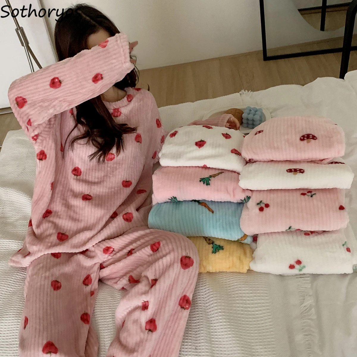 

Pajama Sets Women Winter Warm Thickening Flannel Printed Loose Long Sleeve Sleepwear Sweet Girls Lovely Home Lounge Wear Leisure