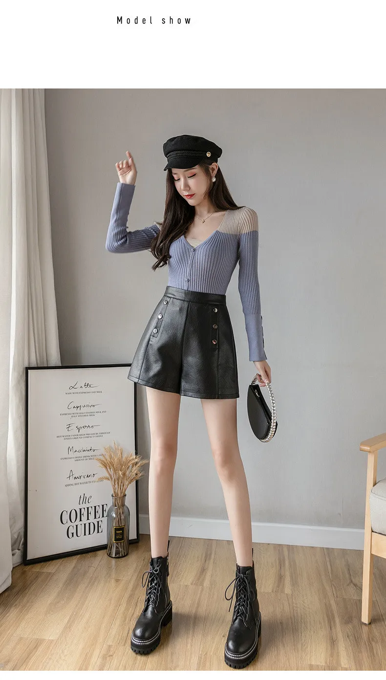 

High Waist Women PU Shorts Solid Fit Slim Winter Shorts Femme Work Wear Office Flare PU Shorts Vintage Casual Shorts 577